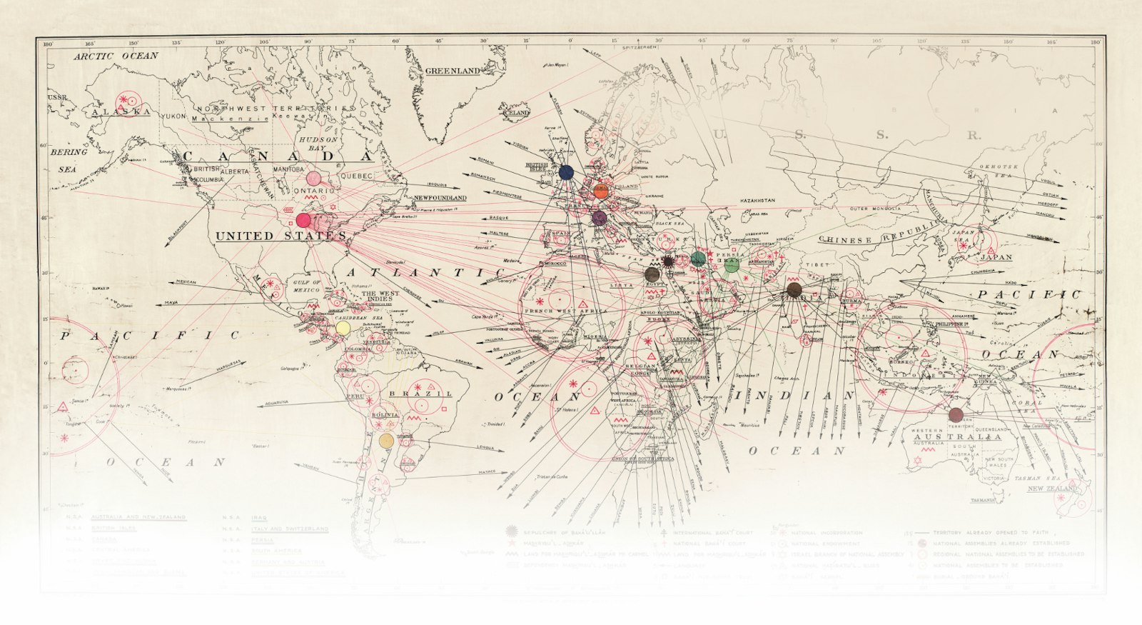 Ramani ya ukuaji wa Imani ya Baháʼí ulimwenguni iliyochorwa na Shoghi Effendi mwaka 1952.